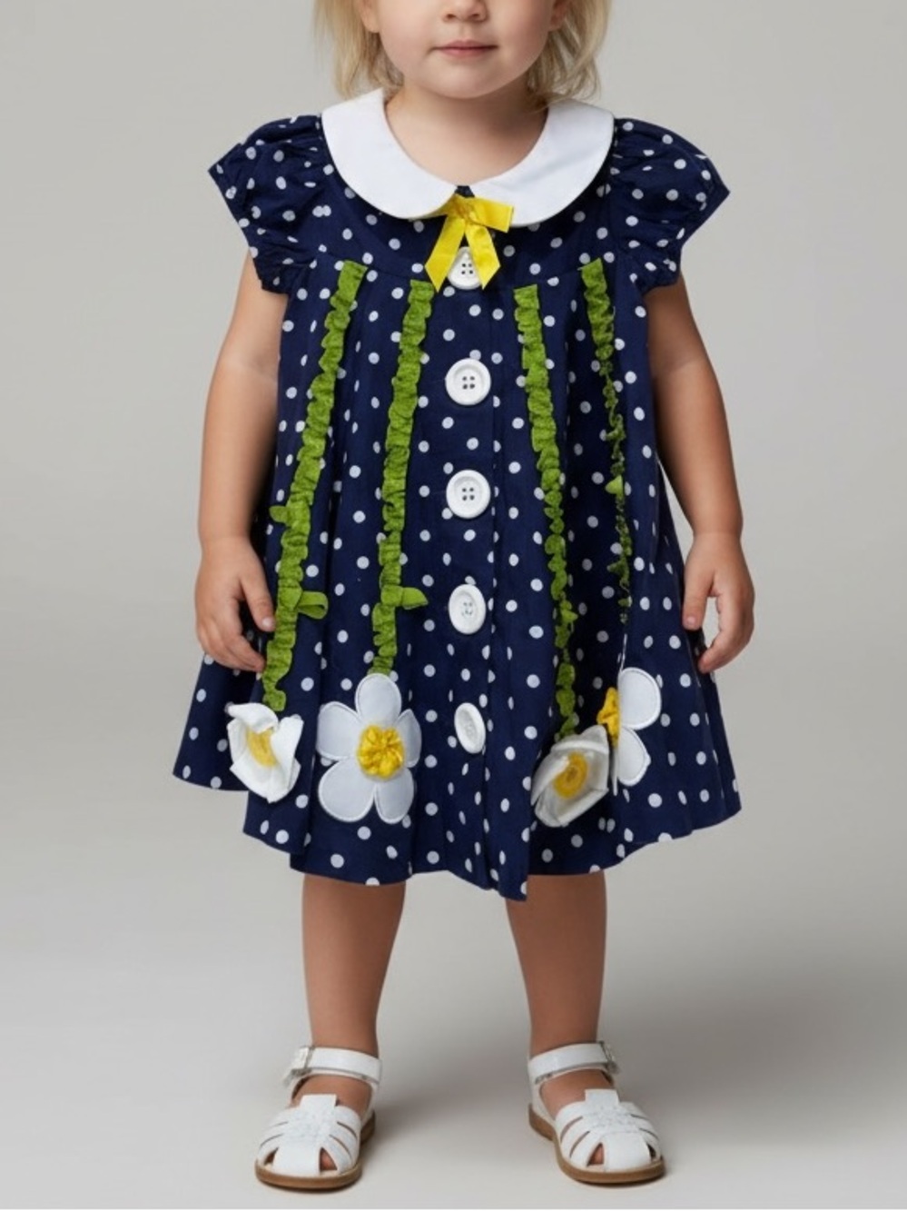 Bonnie Jean Navy Polka Dot Floral Trim Kids Dress with Peter Pan Collar Sz 24M